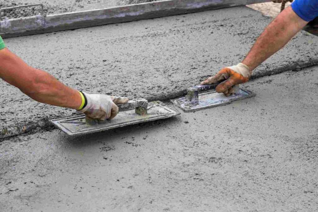 Two construction workers used trowels to smooth the cement at a site in Texas & Louisiana.