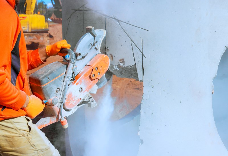A worker using a concrete saw to cut a concrete wall, producing heavy dust in Texas & Louisiana