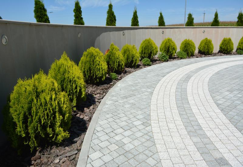 Curved paved walkway bordered by green shrubs and a concrete retaining wall in Texas & Louisiana