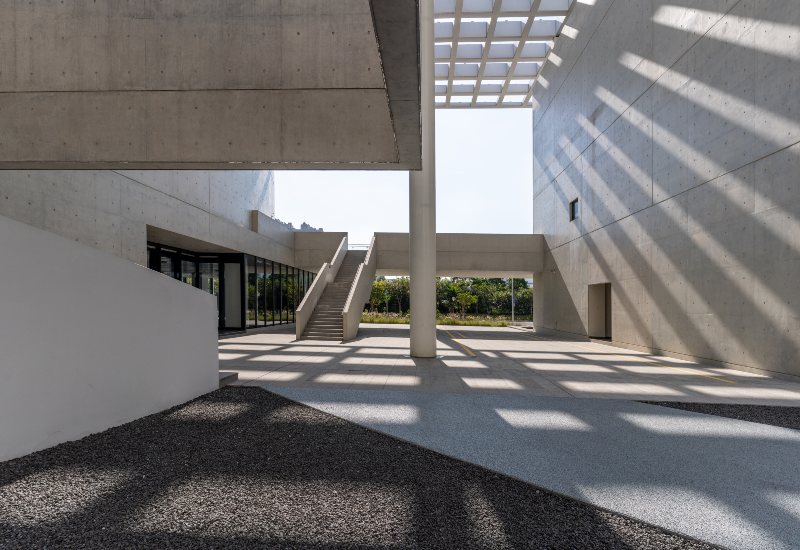 Minimalist concrete courtyard with stairs, columns, and geometric shadows in Texas & Louisiana