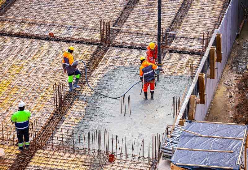 Workers pouring & leveling concrete over steel rebar at a building site in Texas & Louisiana